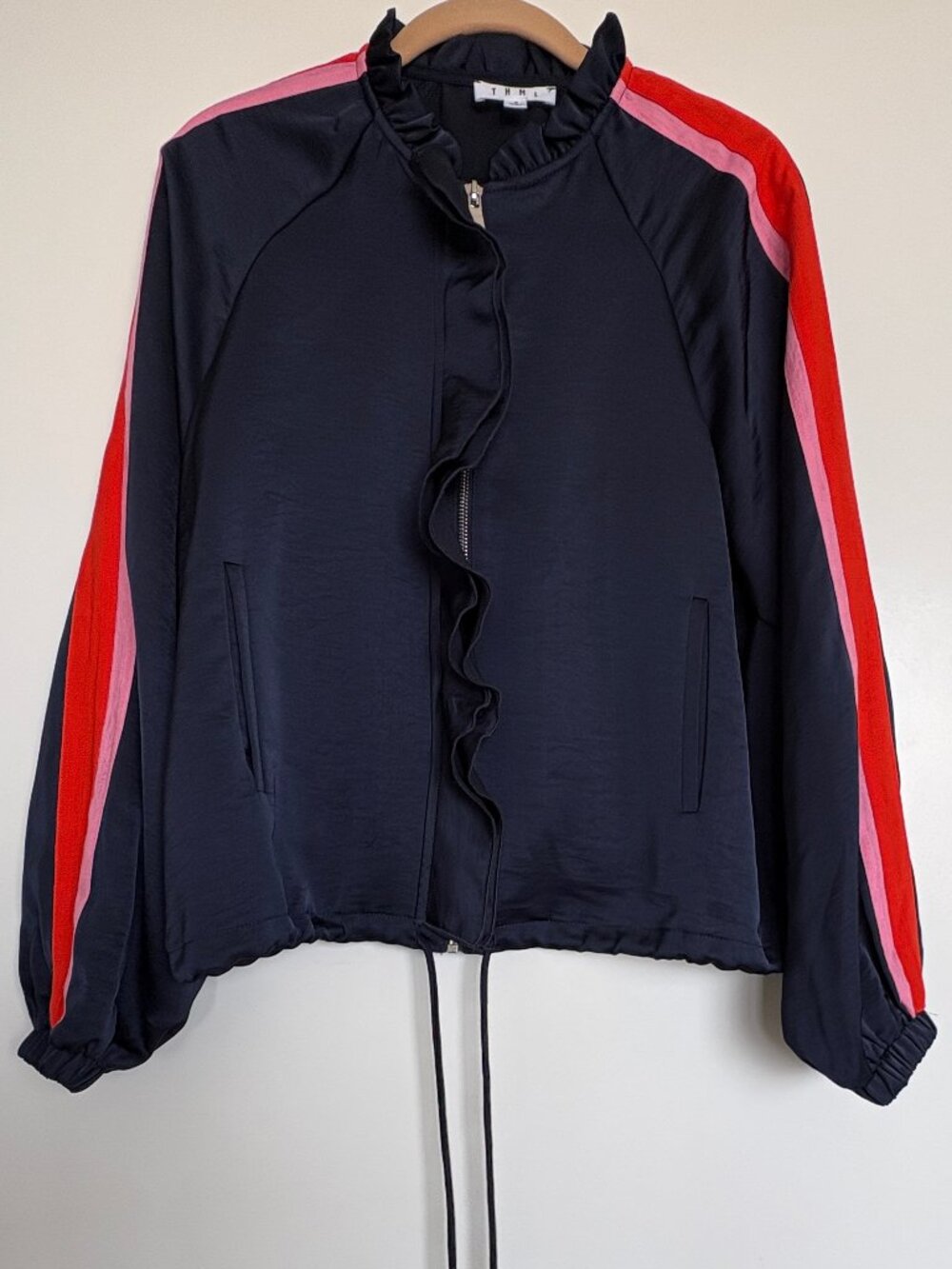 THML Satin Dark Blue Track Jacket with Sleeve Stripes Size Small